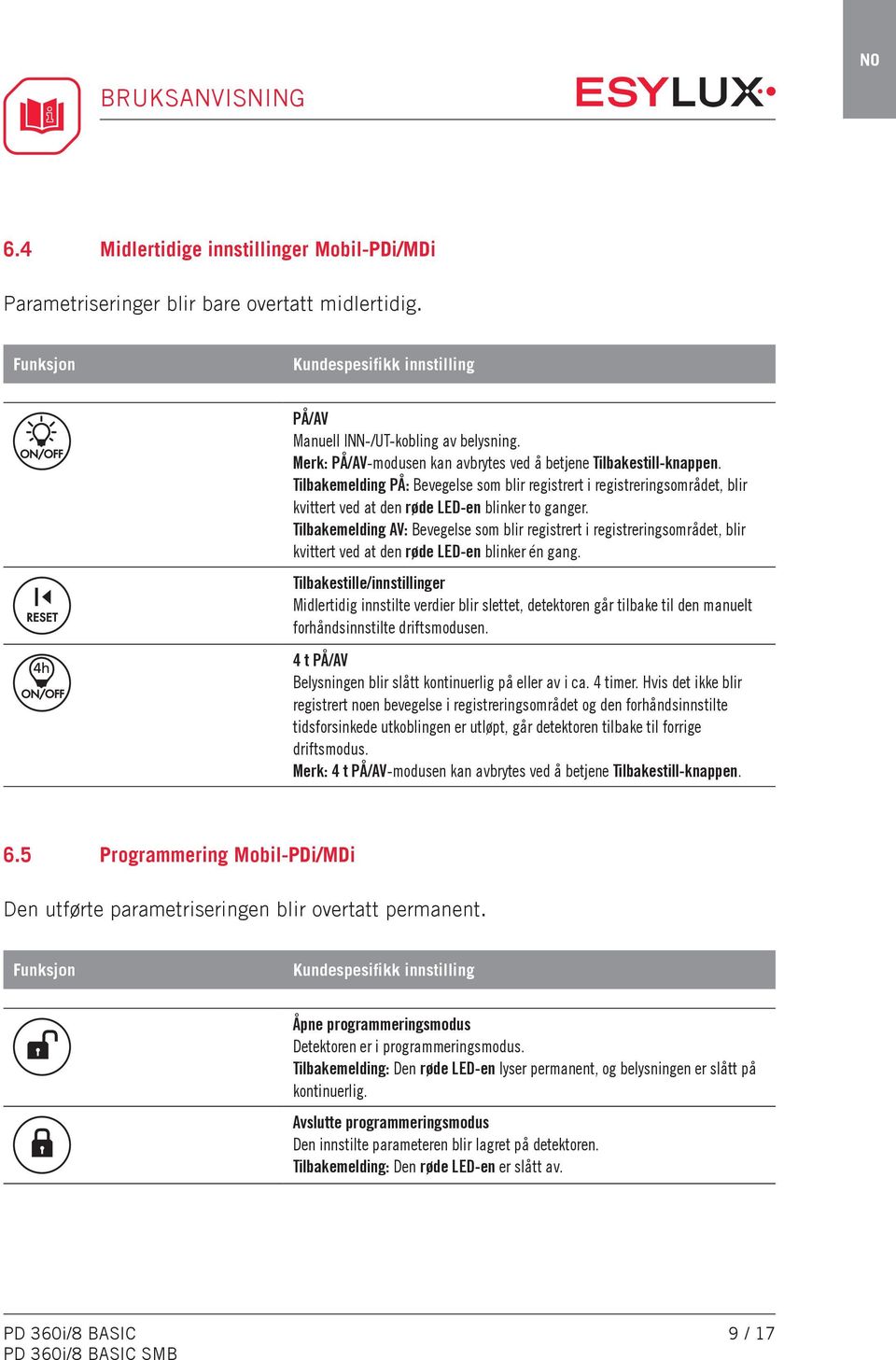 Tilbakemelding AV: Bevegelse som blir registrert i registreringsområdet, blir kvittert ved at den røde LED-en blinker én gang.