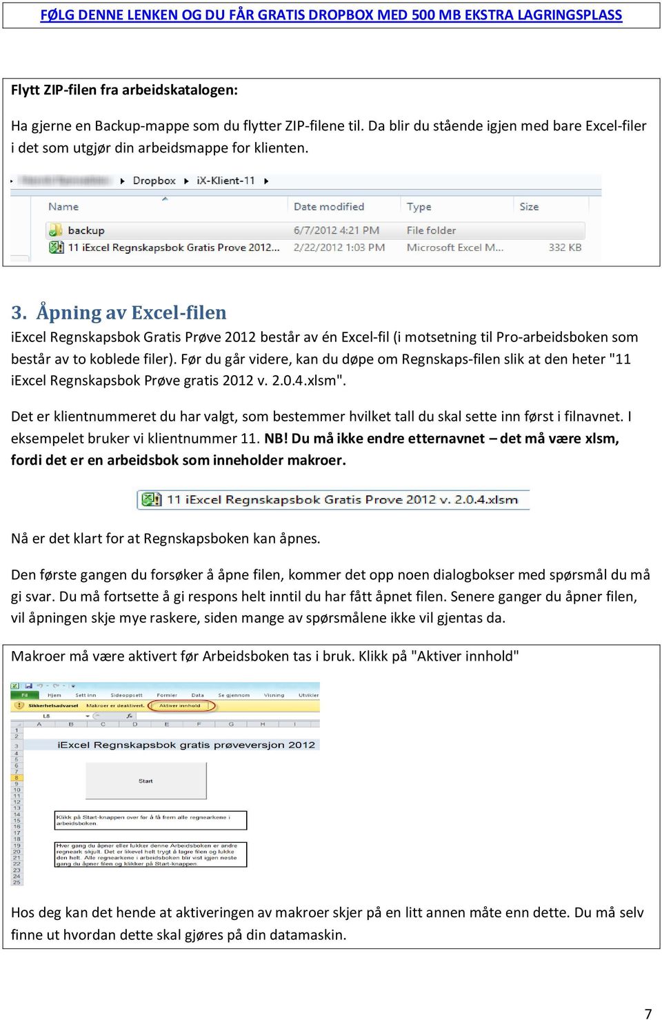 Åpning av Excel-filen iexcel Regnskapsbok Gratis Prøve 2012 består av én Excel-fil (i motsetning til Pro-arbeidsboken som består av to koblede filer).