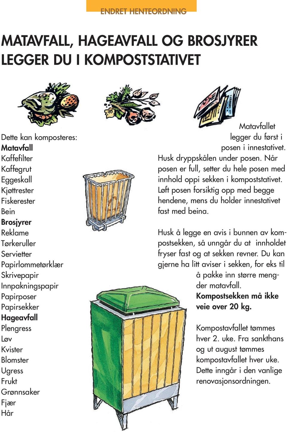 posen i innestativet. Husk dryppskålen under posen. Når posen er full, setter du hele posen med innhold oppi sekken i kompoststativet.