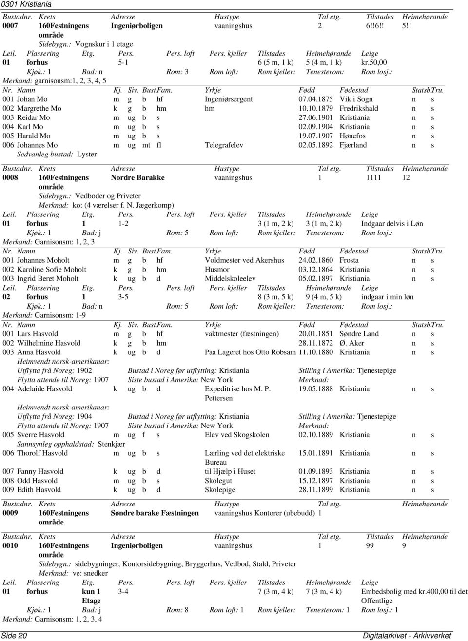 : Merkand: garnisonsm:1, 2, 3, 4, 5 001 Johan Mo m g b hf Ingeniørsergent 07.04.1875 Vik i Sogn n s 002 Margrethe Mo k g b hm hm 10.10.1879 Fredrikshald n s 003 Reidar Mo m ug b s 27.06.