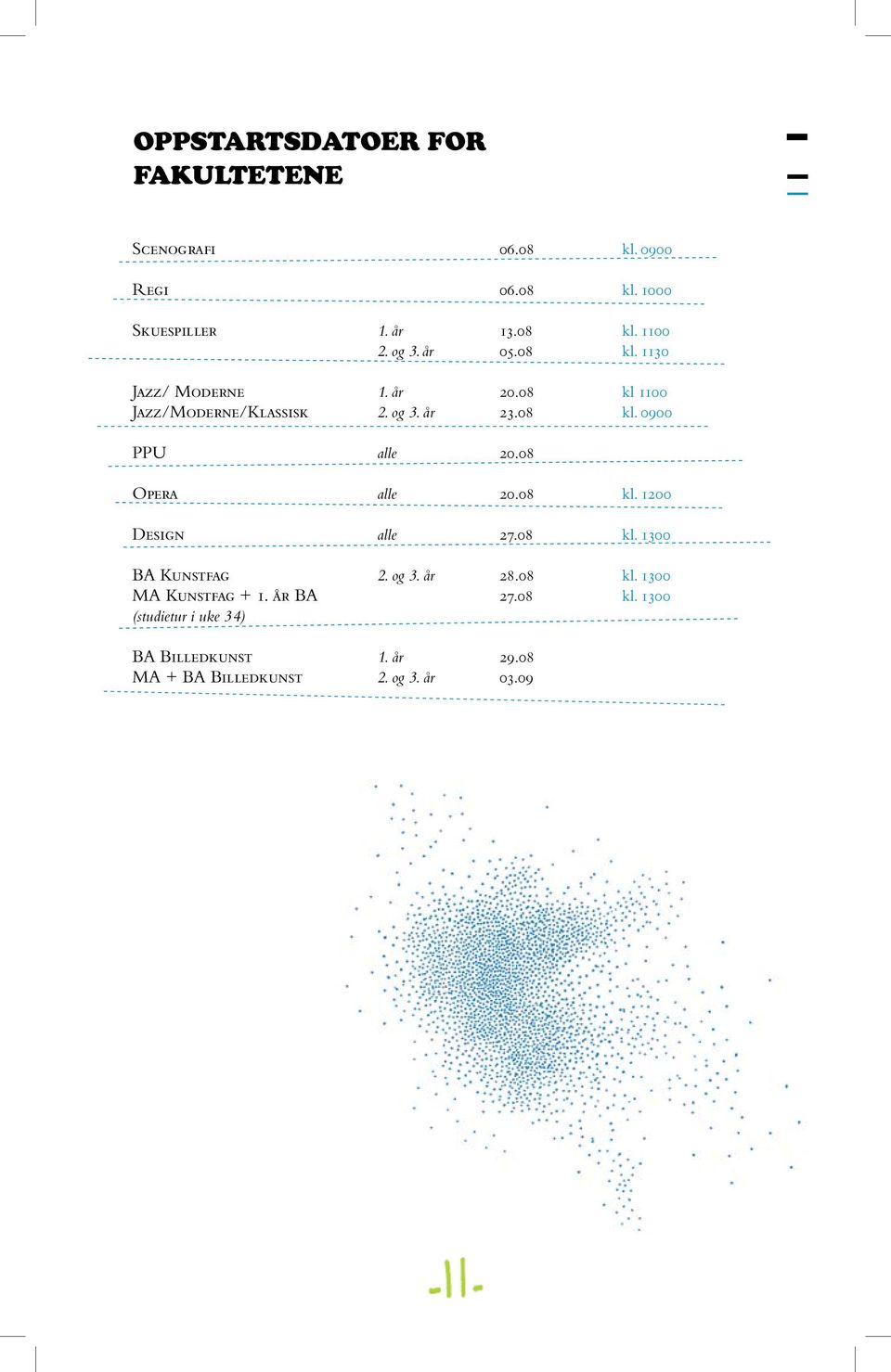 08 Opera alle 20.08 kl. 1200 Design alle 27.08 kl. 1300 BA Kunstfag 2. og 3. år 28.08 kl. 1300 MA Kunstfag + 1.