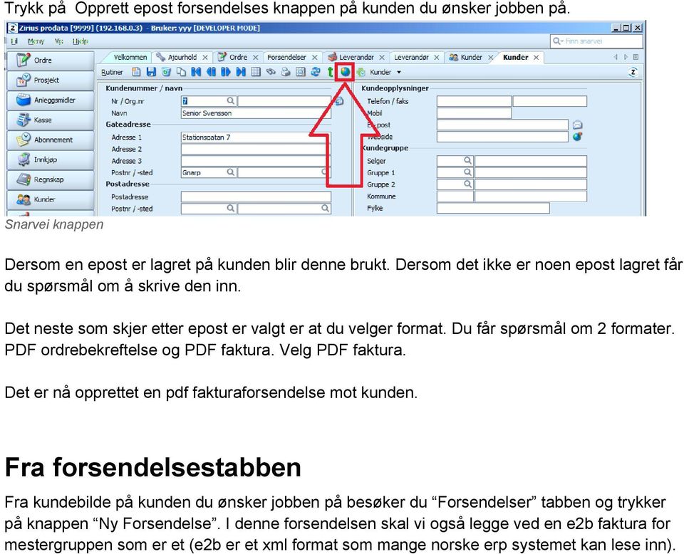 PDF ordrebekreftelse og PDF faktura. Velg PDF faktura. Det er nå opprettet en pdf fakturaforsendelse mot kunden.