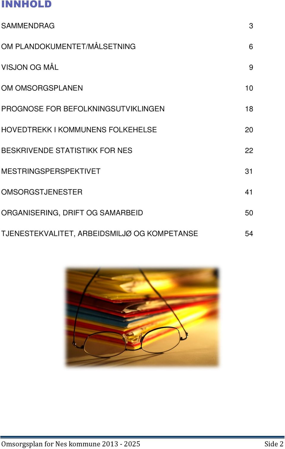 STATISTIKK FOR NES 22 MESTRINGSPERSPEKTIVET 31 OMSORGSTJENESTER 41 ORGANISERING, DRIFT OG