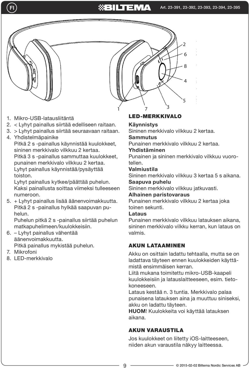 Kaksi painallusta soittaa viimeksi tulleeseen numeroon. 5. + Lyhyt painallus lisää äänenvoimakkuutta. Pitkä 2 s -painallus hylkää saapuvan puhelun.