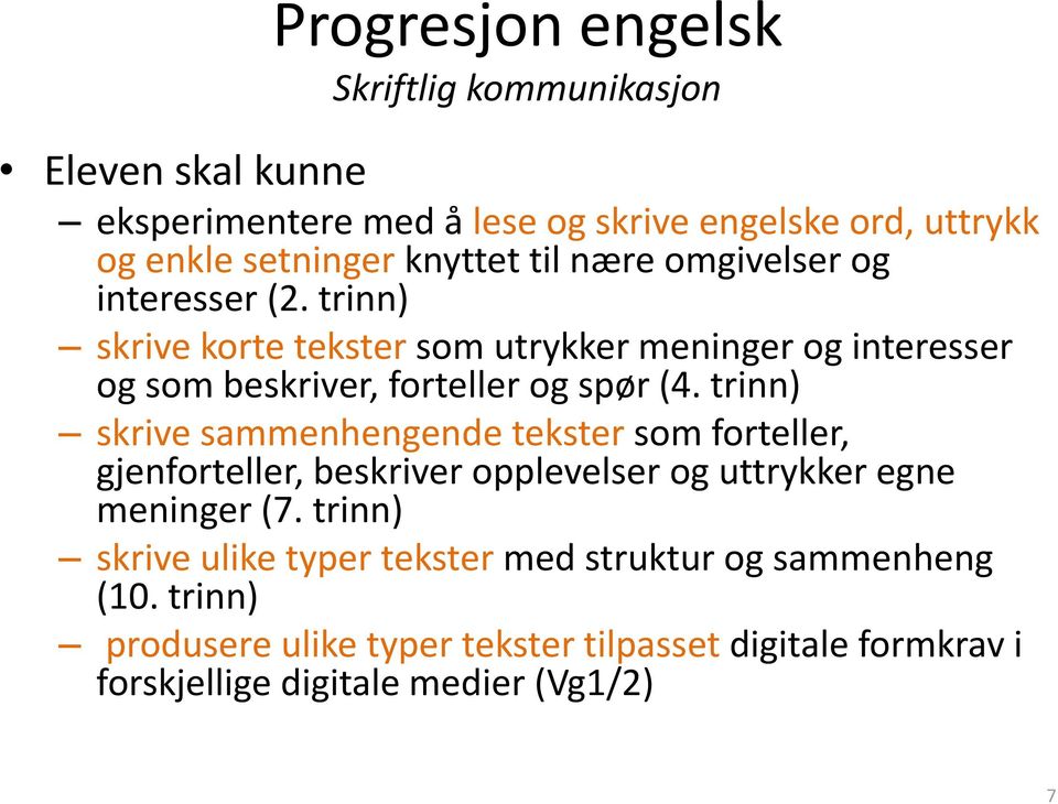 trinn) skrive korte tekster som utrykker meninger og interesser og som beskriver, forteller og spør (4.