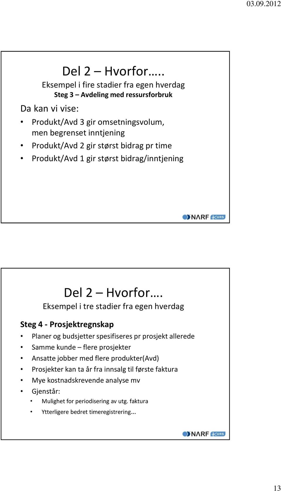 Produkt/Avd 2 gir størst bidrag pr time Produkt/Avd 1 gir størst bidrag/inntjening  Eksempel i tre stadier fra egen hverdag Steg 4 - Prosjektregnskap Planer