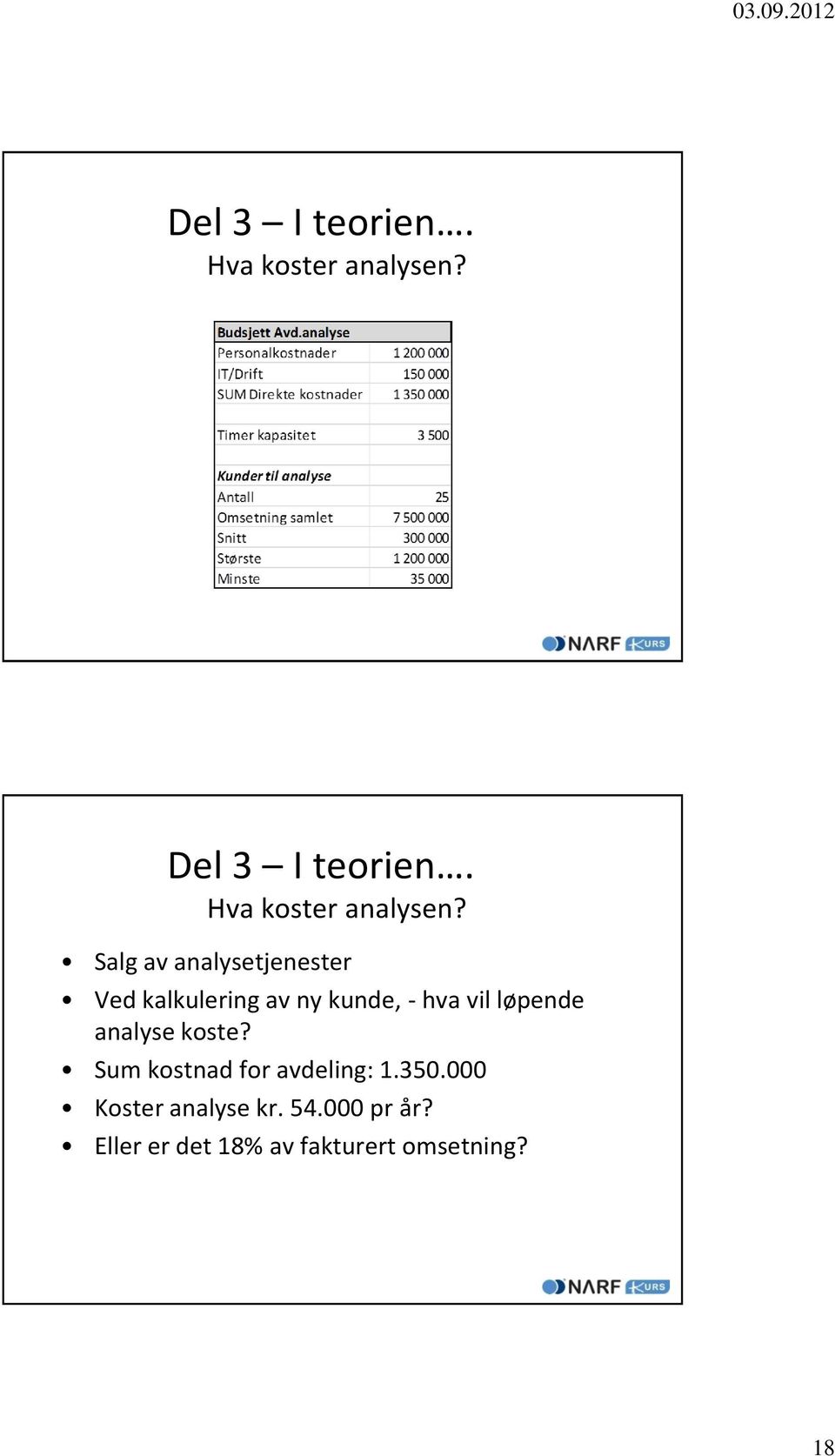 Salg av analysetjenester Ved kalkulering av ny kunde, - hva vil