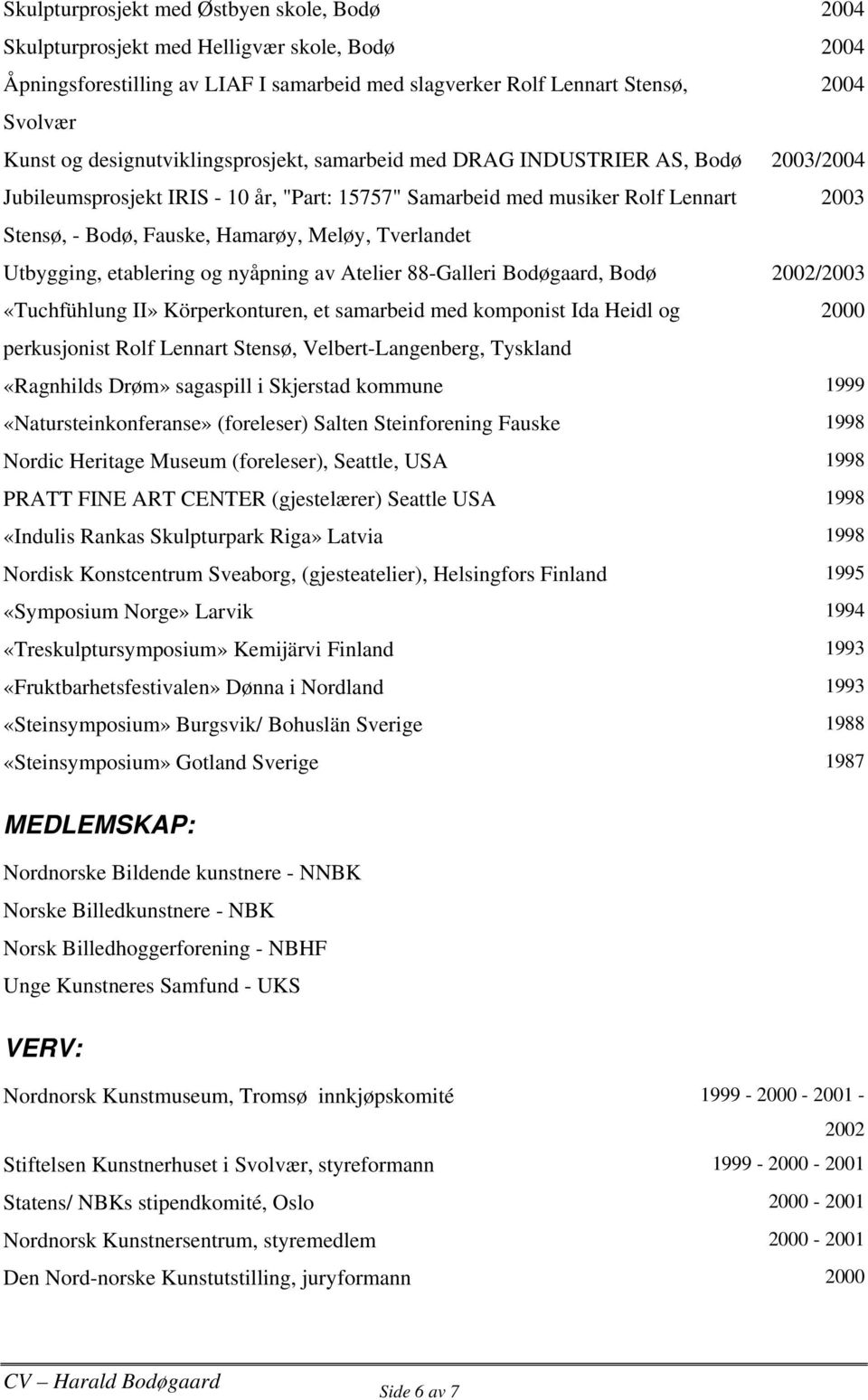 Meløy, Tverlandet Utbygging, etablering og nyåpning av Atelier 88-Galleri Bodøgaard, Bodø 2002/2003 «Tuchfühlung II» Körperkonturen, et samarbeid med komponist Ida Heidl og perkusjonist Rolf Lennart