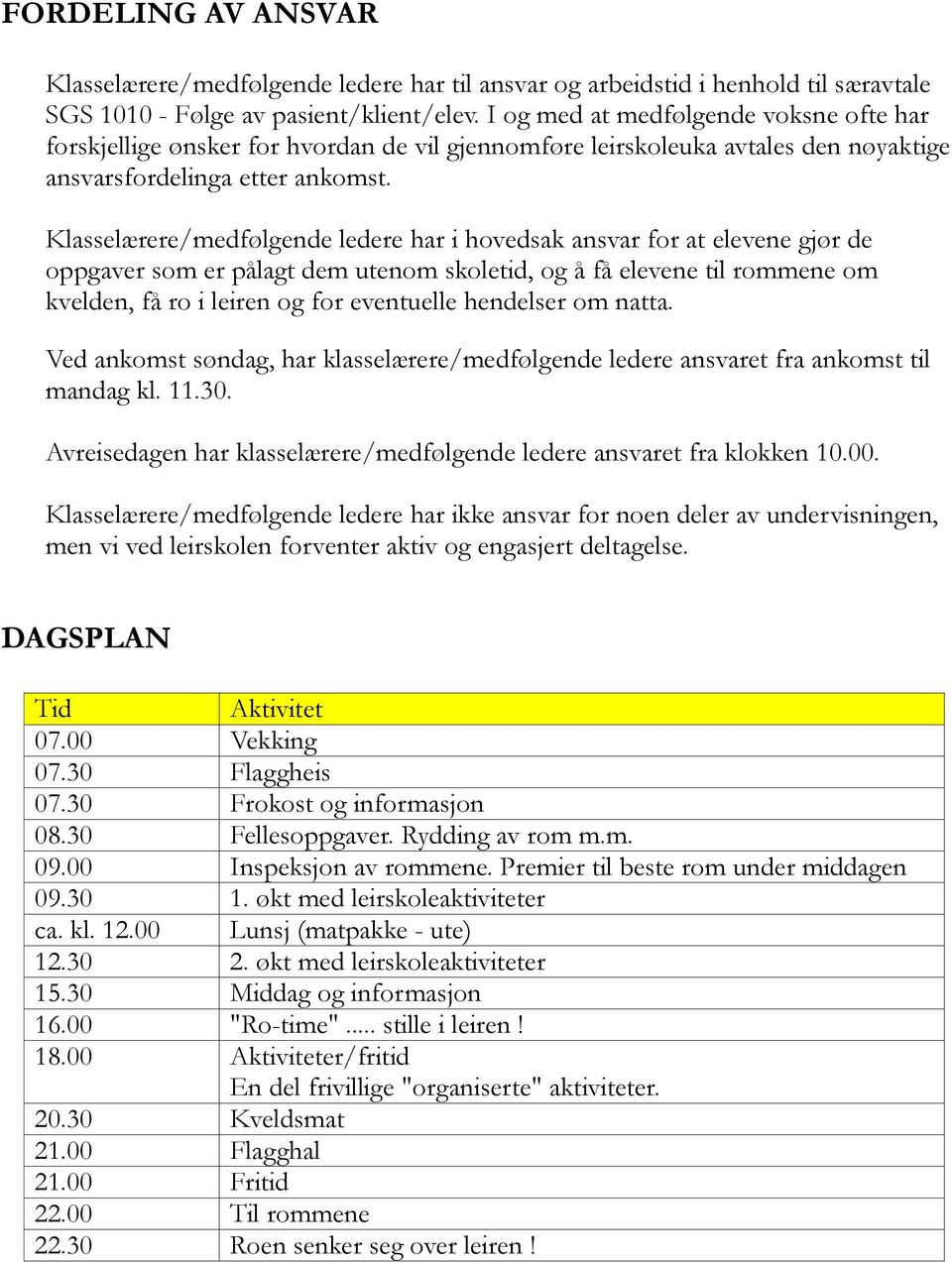 Klasselærere/medfølgende ledere har i hovedsak ansvar for at elevene gjør de oppgaver som er pålagt dem utenom skoletid, og å få elevene til rommene om kvelden, få ro i leiren og for eventuelle