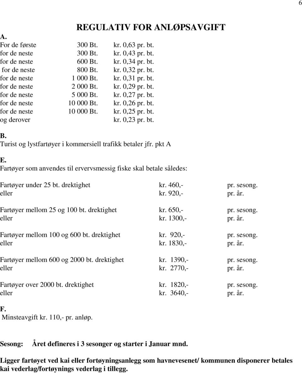 0,23 pr. bt. B. Turist og lystfartøyer i kommersiell trafikk betaler jfr. pkt A E. Fartøyer som anvendes til ervervsmessig fiske skal betale således: Fartøyer under 25 bt. drektighet kr. 460,- pr.