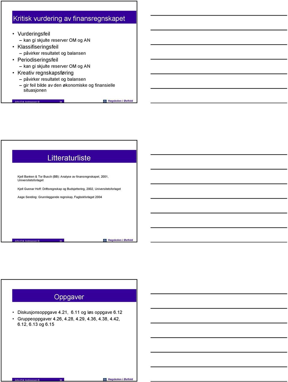 Analyse av finansregnskapet, 2001, Universitetsforlaget Kjell Gunnar Hoff: Driftsregnskap og Budsjettering, 2002, Universitetsforlaget Aage Sending: Grunnleggende regnskap, Fagbokforlaget 2004