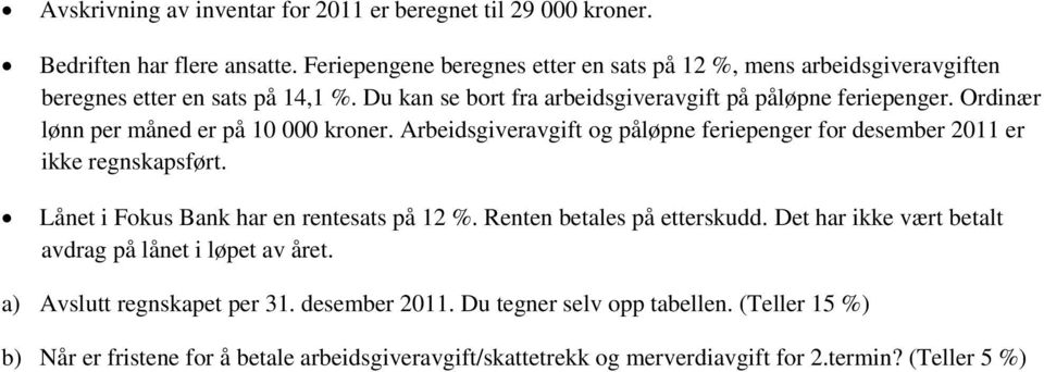 Ordinær lønn per måned er på 10 000 kroner. Arbeidsgiveravgift og påløpne feriepenger for desember 2011 er ikke regnskapsført. Lånet i Fokus Bank har en rentesats på 12 %.