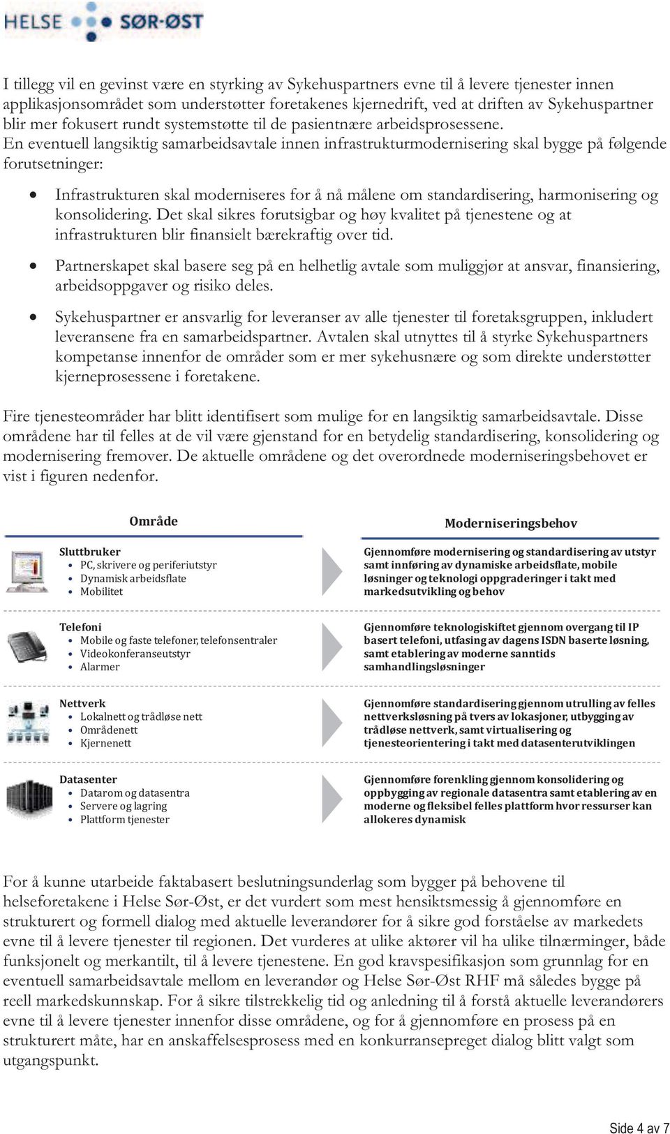 En eventuell langsiktig samarbeidsavtale innen infrastrukturmodernisering skal bygge på følgende forutsetninger: Infrastrukturen skal moderniseres for å nå målene om standardisering, harmonisering og