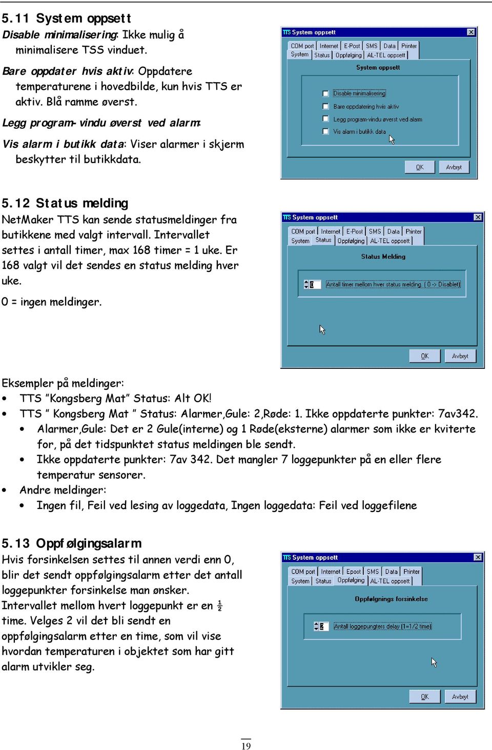 12 Status melding NetMaker TTS kan sende statusmeldinger fra butikkene med valgt intervall. Intervallet settes i antall timer, max 168 timer = 1 uke.