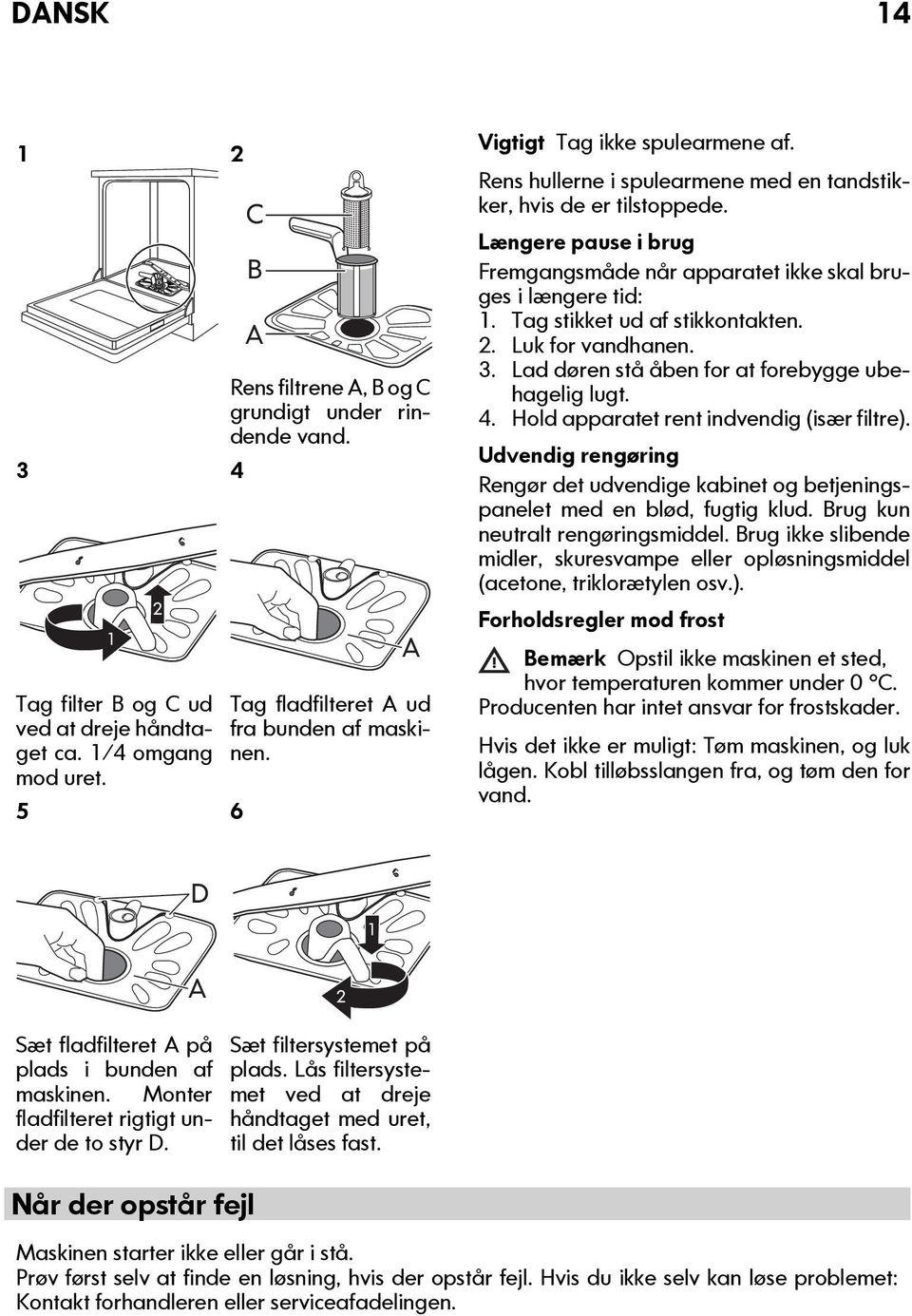 Tag stikket ud af stikkontakten. 2. Luk for vandhanen. 3. Lad døren stå åben for at forebygge ubehagelig lugt. 4. Hold apparatet rent indvendig (især filtre).