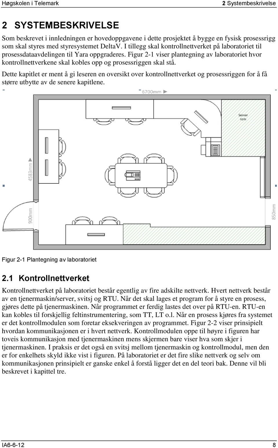 Figur 2-1 viser plantegning av laboratoriet hvor kontrollnettverkene skal kobles opp og prosessriggen skal stå.