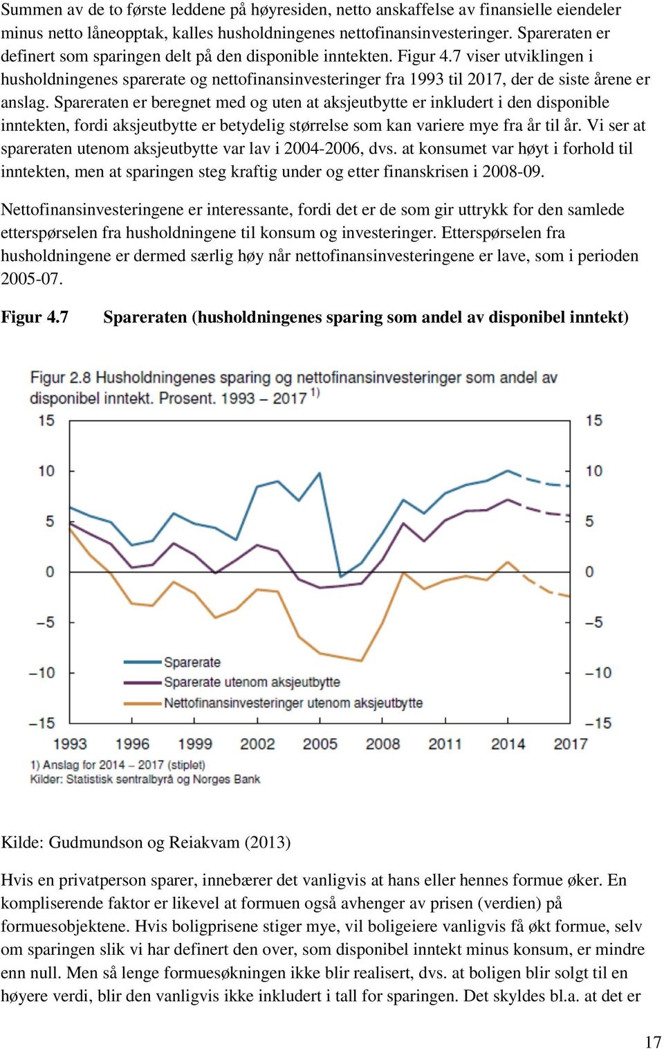 7 viser utviklingen i husholdningenes sparerate og nettofinansinvesteringer fra 1993 til 2017, der de siste årene er anslag.