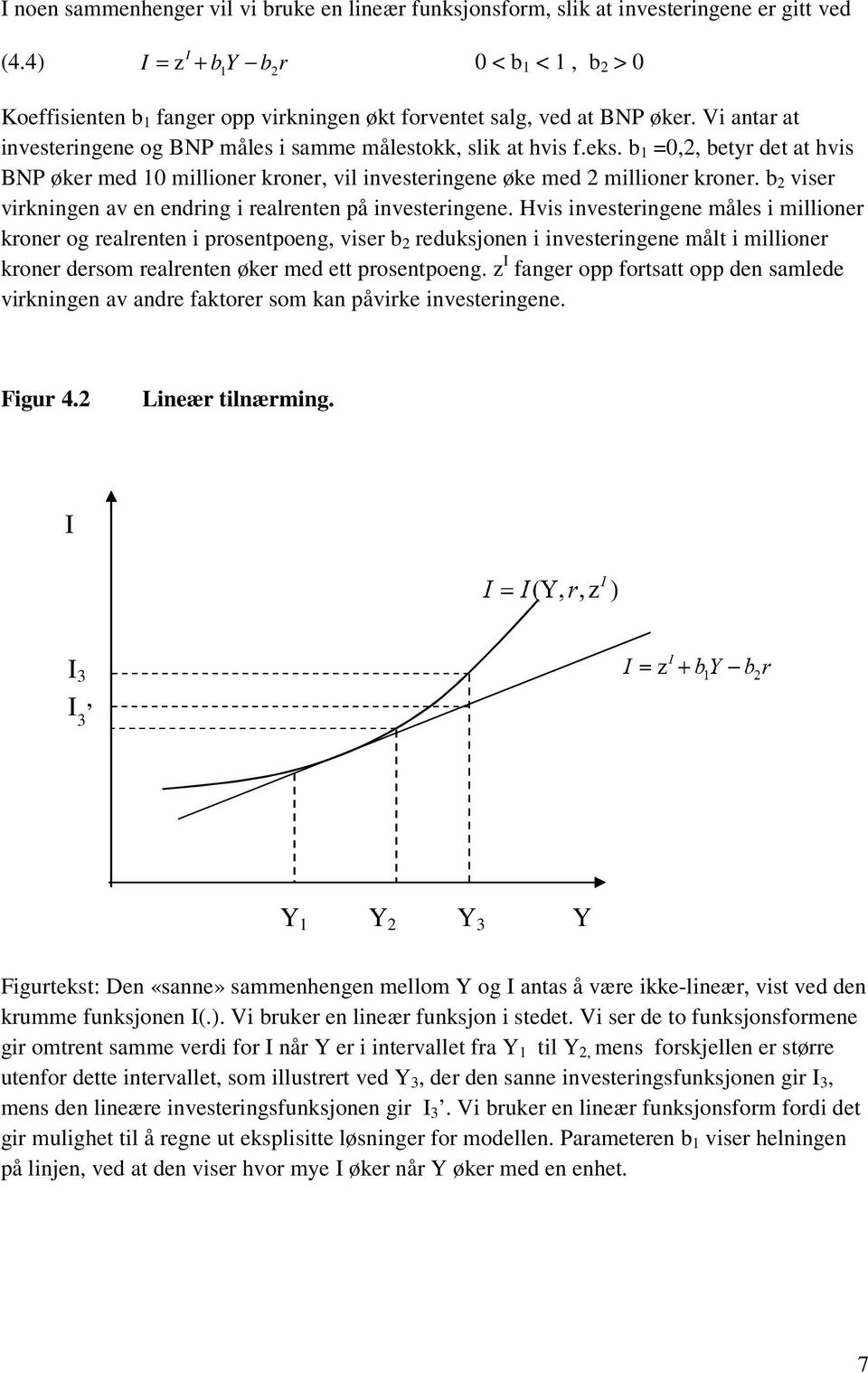 b 1 =0,2, betyr det at hvis BNP øker med 10 millioner kroner, vil investeringene øke med 2 millioner kroner. b 2 viser virkningen av en endring i realrenten på investeringene.