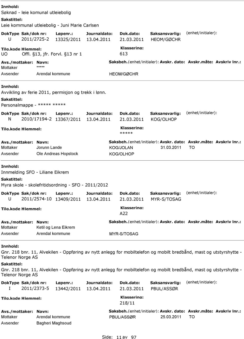 03.2011 MYR-S/TOSAG A22 Ketil og Lena Eikrem MYR-S/TOSAG Gnr. 218 bnr. 11, Alvekilen - Oppføring av nytt anlegg for mobiltelefon og mobilt bredbånd, mast og utstyrshytte - Telenor Norge AS Gnr.