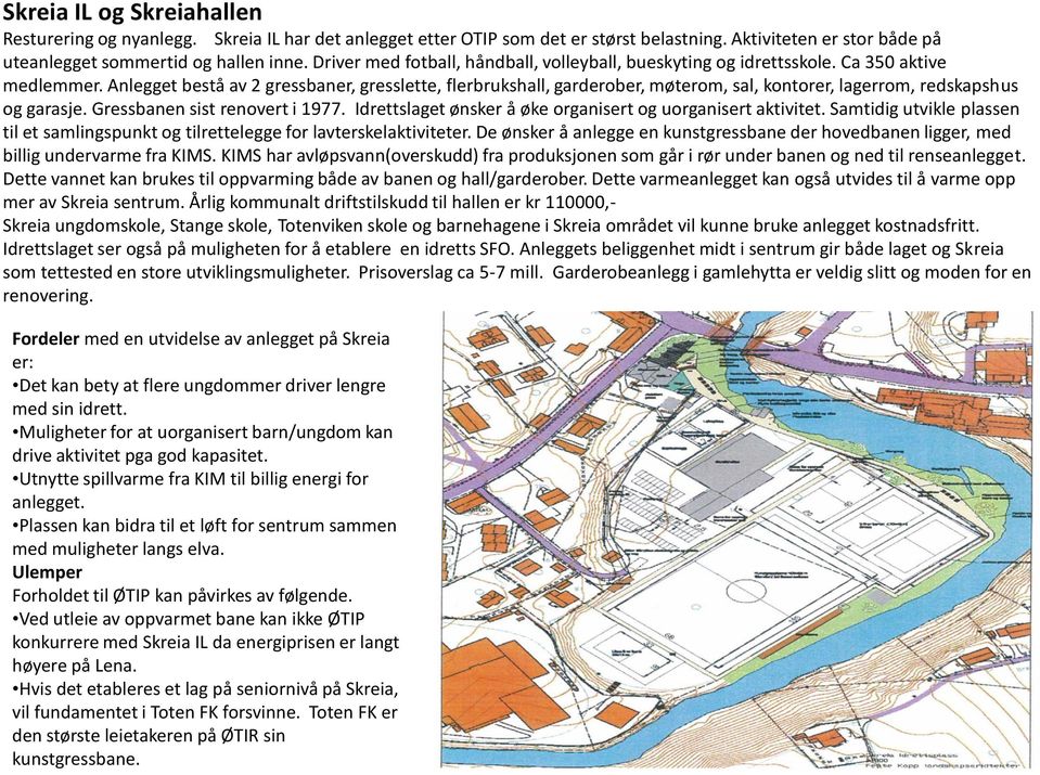 Anlegget bestå av 2 gressbaner, gresslette, flerbrukshall, garderober, møterom, sal, kontorer, lagerrom, redskapshus og garasje. Gressbanen sist renovert i 1977.