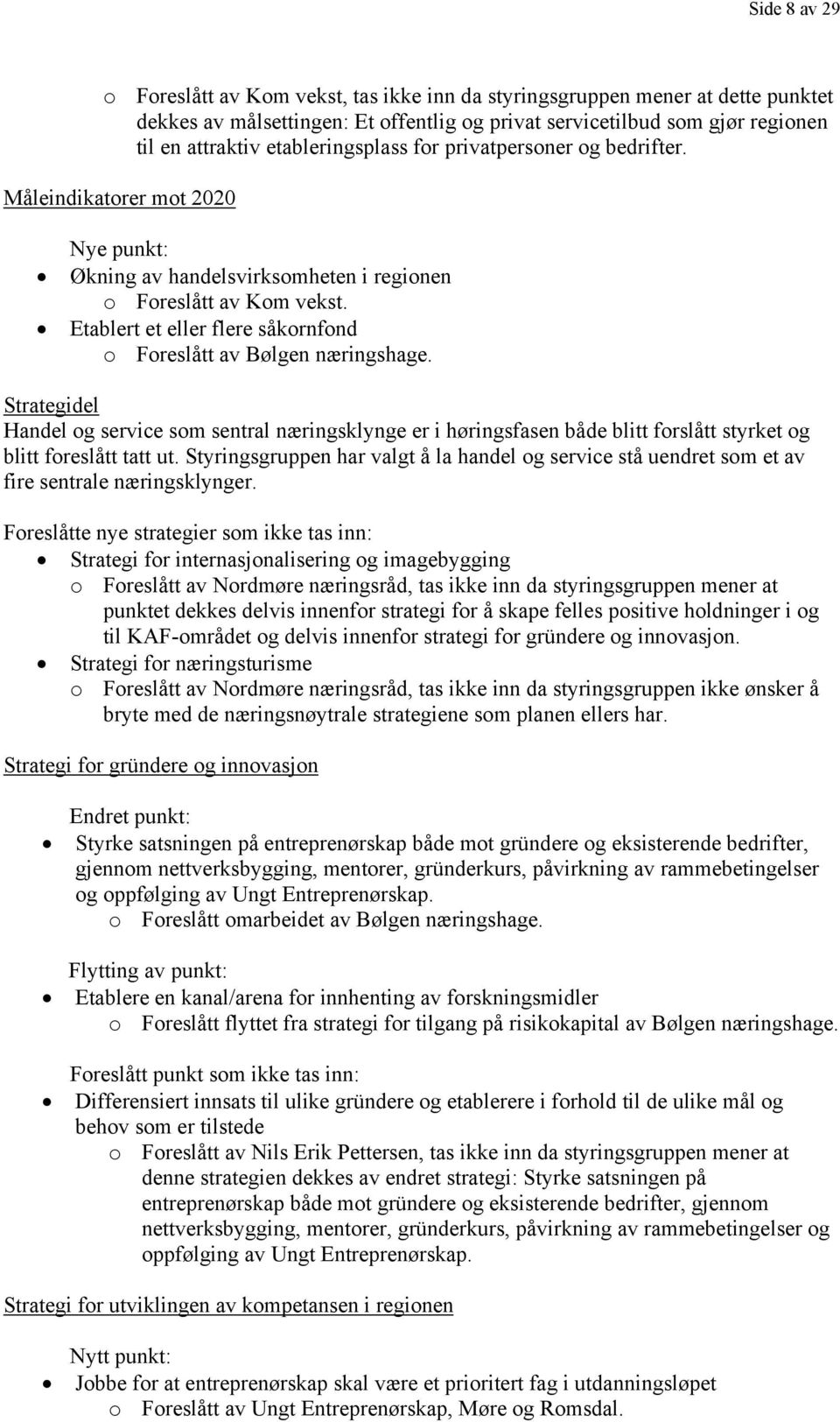 Etablert et eller flere såkornfond o Foreslått av Bølgen næringshage. Strategidel Handel og service som sentral næringsklynge er i høringsfasen både blitt forslått styrket og blitt foreslått tatt ut.