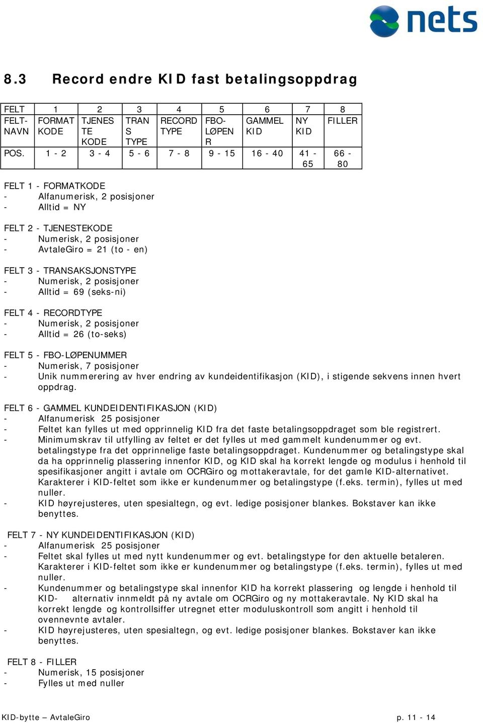 RECORDTYPE - Alltid = 26 (to-seks) FELT 5 - FBO-LØPENUMMER - Numerisk, 7 posisjoner - Unik nummerering av hver endring av kundeidentifikasjon (KID), i stigende sekvens innen hvert oppdrag.