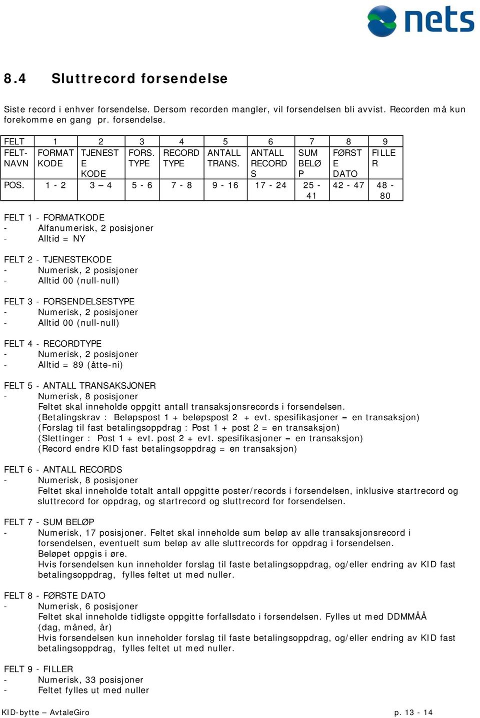 1-2 3 4 5-6 7-8 9-16 17-24 25-41 FELT 1 - FORMATKODE - Alfanumerisk, 2 posisjoner - Alltid = FELT 2 - TJENESTEKODE - Alltid 00 (null-null) FELT 3 - FORSENDELSESTYPE - Alltid 00 (null-null) FELT 4 -