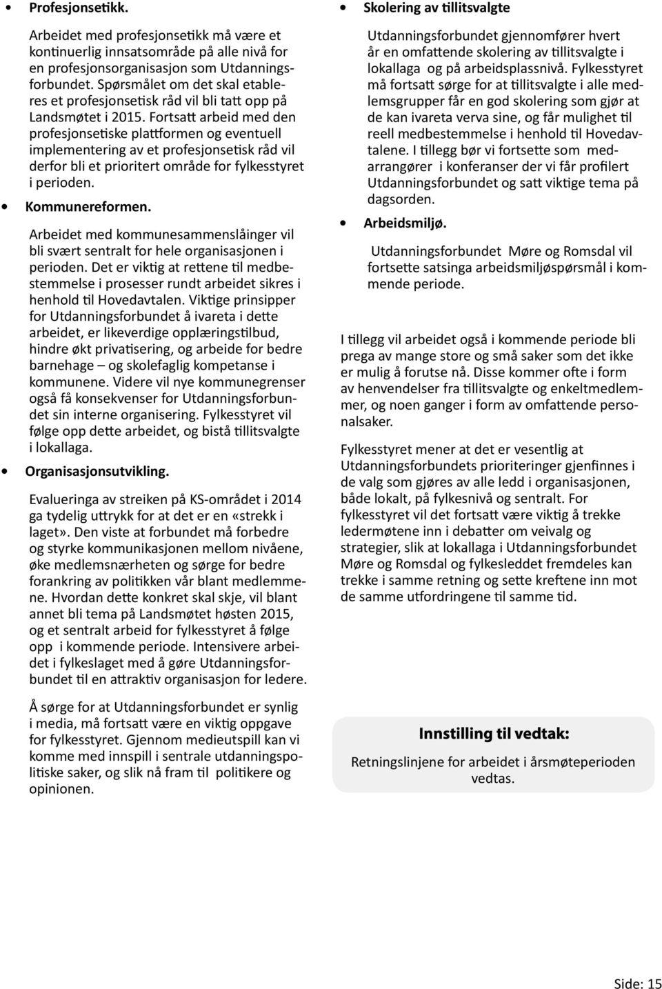 Fortsatt arbeid med den profesjonsetiske plattformen og eventuell implementering av et profesjonsetisk råd vil derfor bli et prioritert område for fylkesstyret i perioden. Kommunereformen.