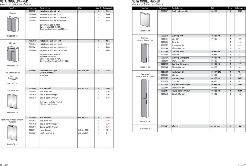 ) B25 H60 D1,6 Støpt kunstmarmorservantb50 D28 1 3465 VITA MØBELPAKKER 7000617 Speil m/lys og stikk B50 H65 1 2292 Bredde 50 cm Bredde 50 cm Vita buet 7006032 Møbelpakke Vita buet hvit 1 3254 7006044