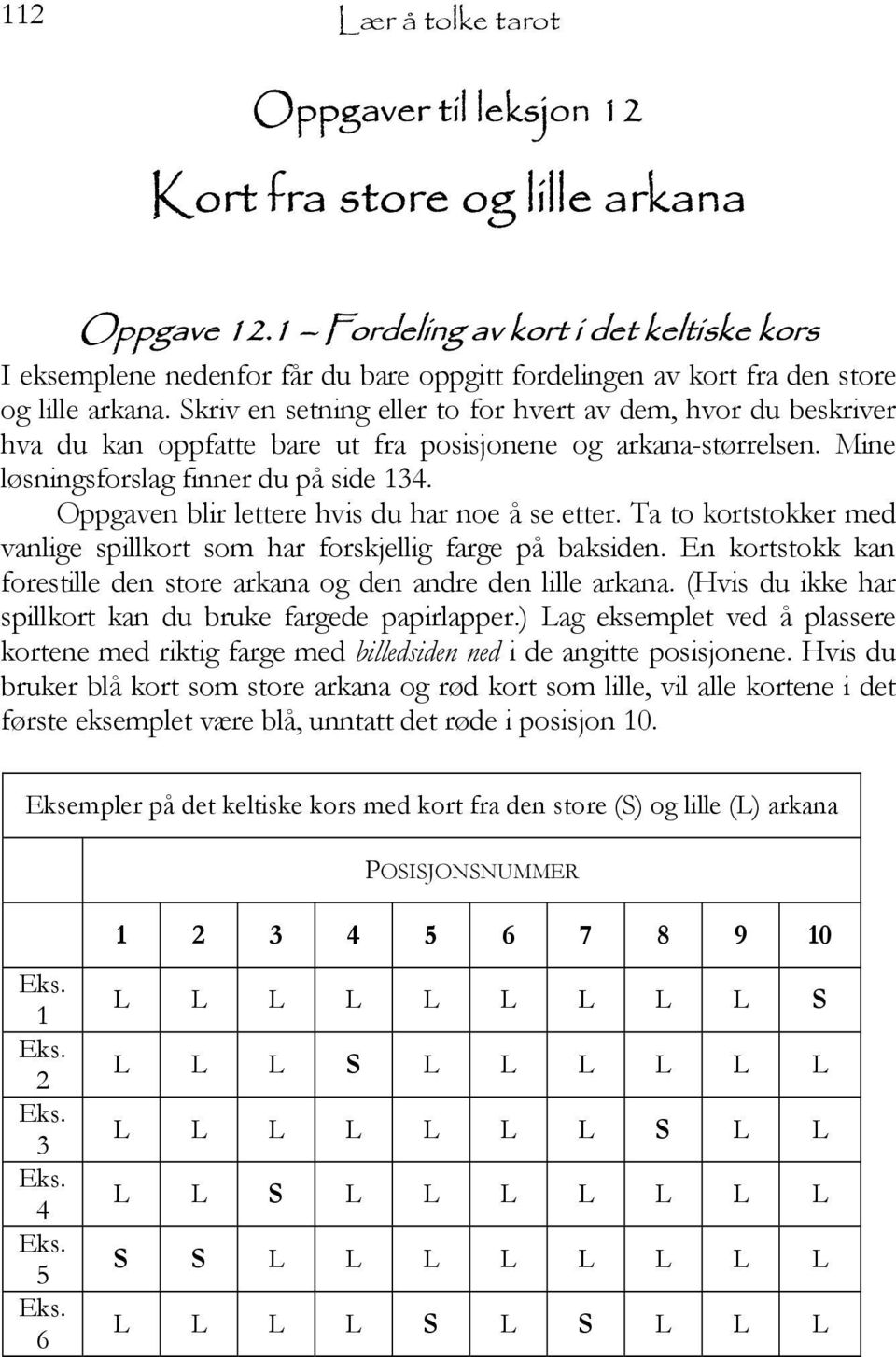 Skriv en setning eller to for hvert av dem, hvor du beskriver hva du kan oppfatte bare ut fra posisjonene og arkana-størrelsen. Mine løsningsforslag finner du på side 134.