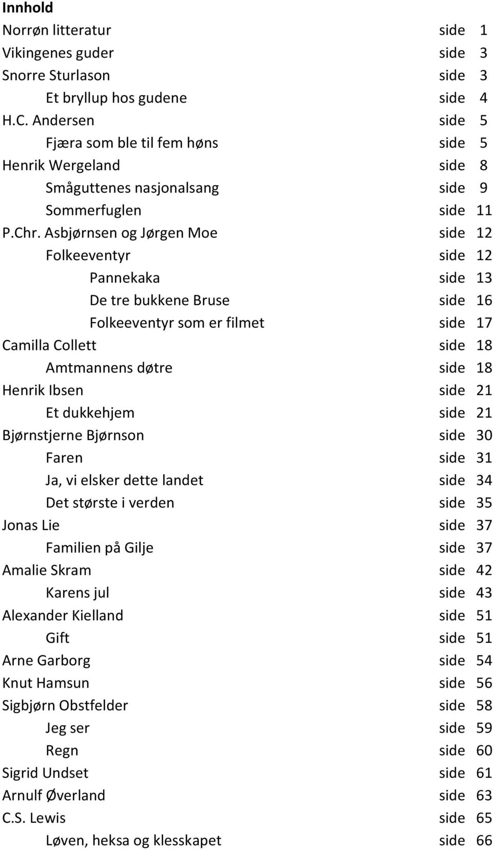 Asbjørnsen og Jørgen Moe side 12 Folkeeventyr side 12 Pannekaka side 13 De tre bukkene Bruse side 16 Folkeeventyr som er filmet side 17 Camilla Collett side 18 Amtmannens døtre side 18 Henrik Ibsen