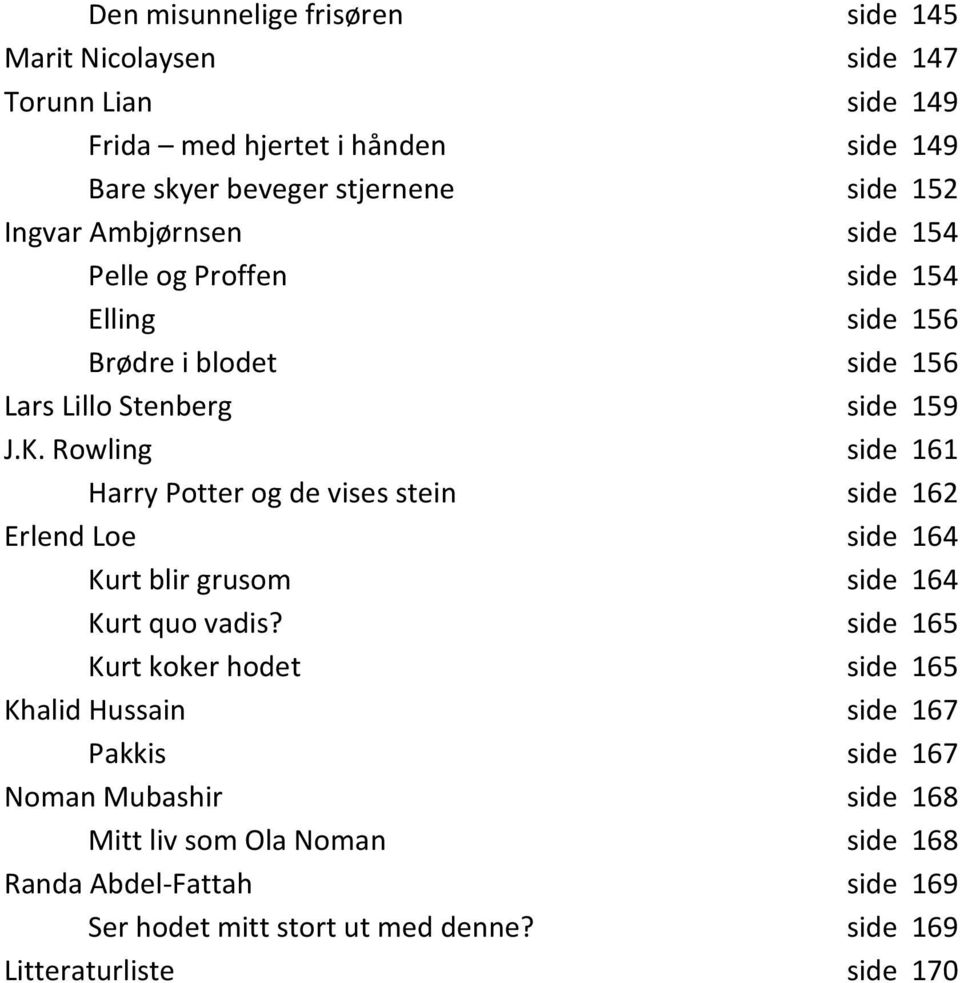 Rowling side 161 Harry Potter og de vises stein side 162 Erlend Loe side 164 Kurt blir grusom side 164 Kurt quo vadis?