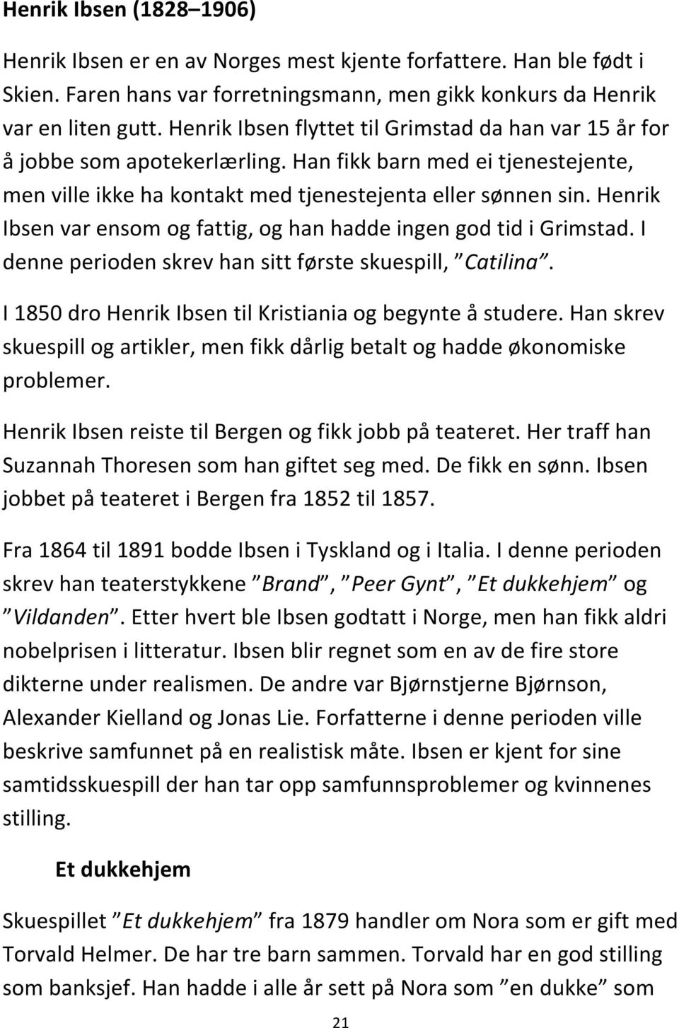 Henrik Ibsen var ensom og fattig, og han hadde ingen god tid i Grimstad. I denne perioden skrev han sitt første skuespill, Catilina. I 1850 dro Henrik Ibsen til Kristiania og begynte å studere.