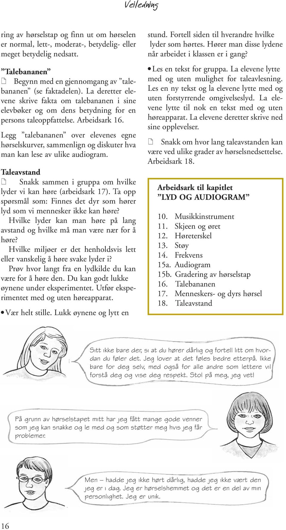 Legg talebananen over elevenes egne hørselskurver, sammenlign og diskuter hva man kan lese av ulike audiogram. Taleavstand Snakk sammen i gruppa om hvilke lyder vi kan høre (arbeidsark 17).