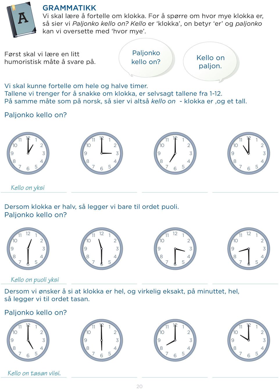 Tallene vi trenger for å snakke om klokka, er selvsagt tallene fra -. På samme måte som på norsk, så sier vi altså kello on - klokka er,og et tall. Paljonko kello on?