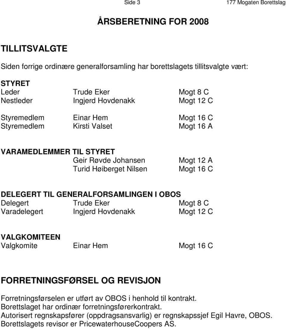 GENERALFORSAMLINGEN I OBOS Delegert Trude Eker Mogt 8 C Varadelegert Ingjerd Hovdenakk Mogt 12 C VALGKOMITEEN Valgkomite Einar Hem Mogt 16 C FORRETNINGSFØRSEL OG REVISJON Forretningsførselen er