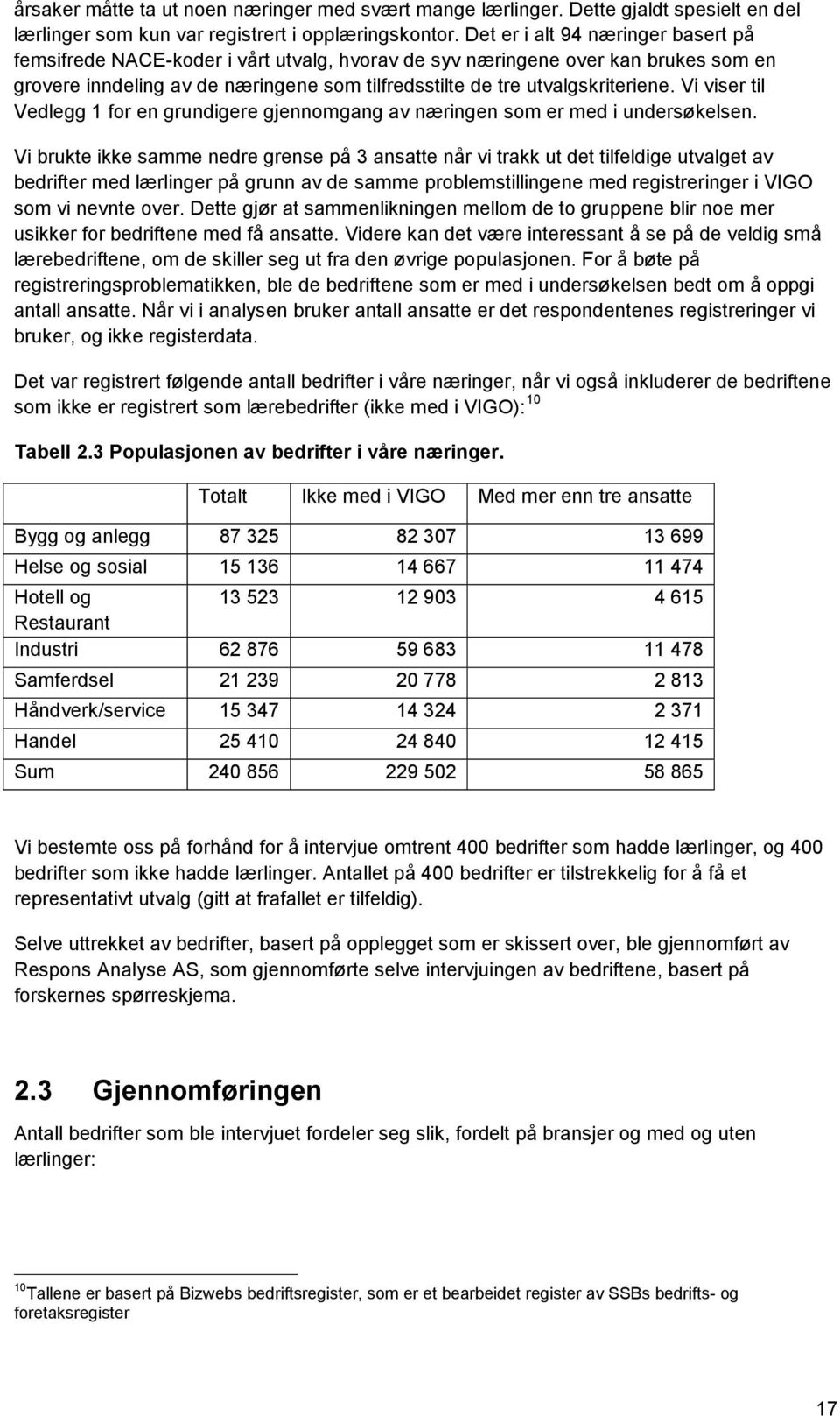 Vi viser til Vedlegg 1 for en grundigere gjennomgang av næringen som er med i undersøkelsen.