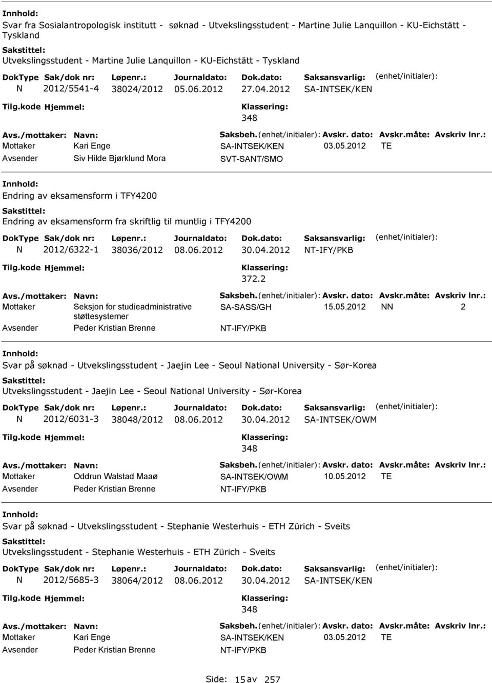 2012 TE Avsender Siv Hilde Bjørklund Mora SVT-SAT/SMO Endring av eksamensform i TFY4200 Endring av eksamensform fra skriftlig til muntlig i TFY4200 2012/6322-1 38036/2012 30.04.2012 T-FY/PKB 372.