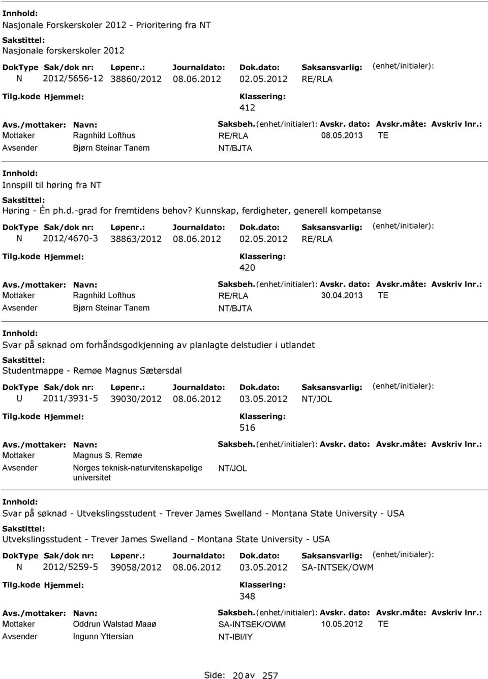 2013 TE Avsender Bjørn Steinar Tanem T/BJTA Svar på søknad om forhåndsgodkjenning av planlagte delstudier i utlandet Studentmappe - Remøe Magnus Sætersdal U 2011/3931-5 39030/2012 03.05.