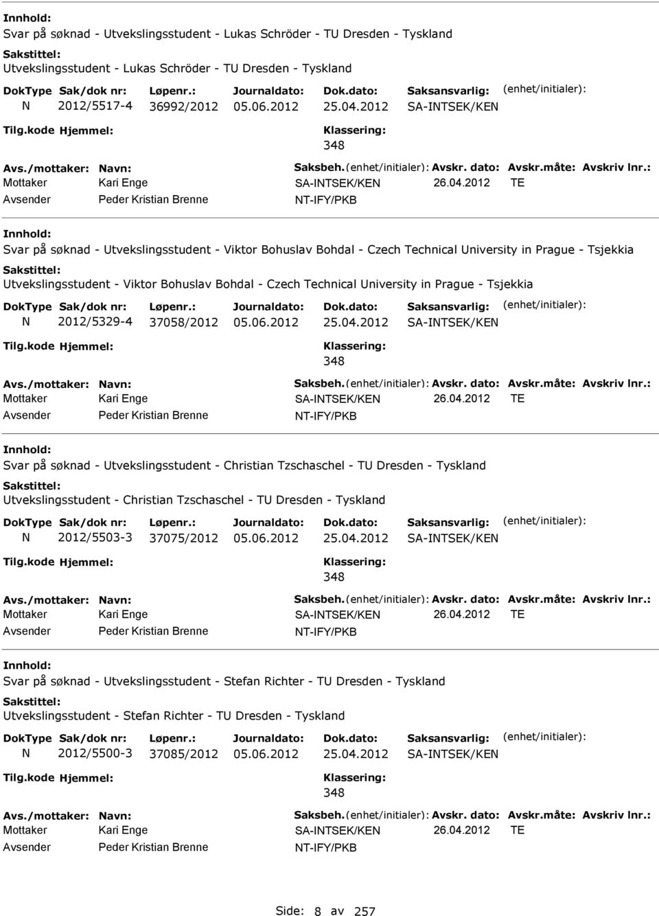 2012 TE Avsender Peder Kristian Brenne T-FY/PKB Svar på søknad - Utvekslingsstudent - Viktor Bohuslav Bohdal - Czech Technical University in Prague - Tsjekkia Utvekslingsstudent - Viktor Bohuslav