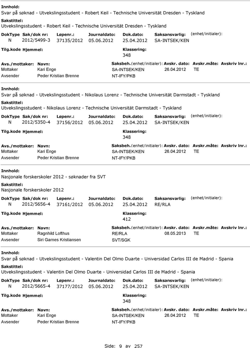 2012 TE Avsender Peder Kristian Brenne T-FY/PKB Svar på søknad - Utvekslingsstudent - ikolaus Lorenz - Technische Universität Darmstadt - Tyskland Utvekslingsstudent - ikolaus Lorenz - Technische