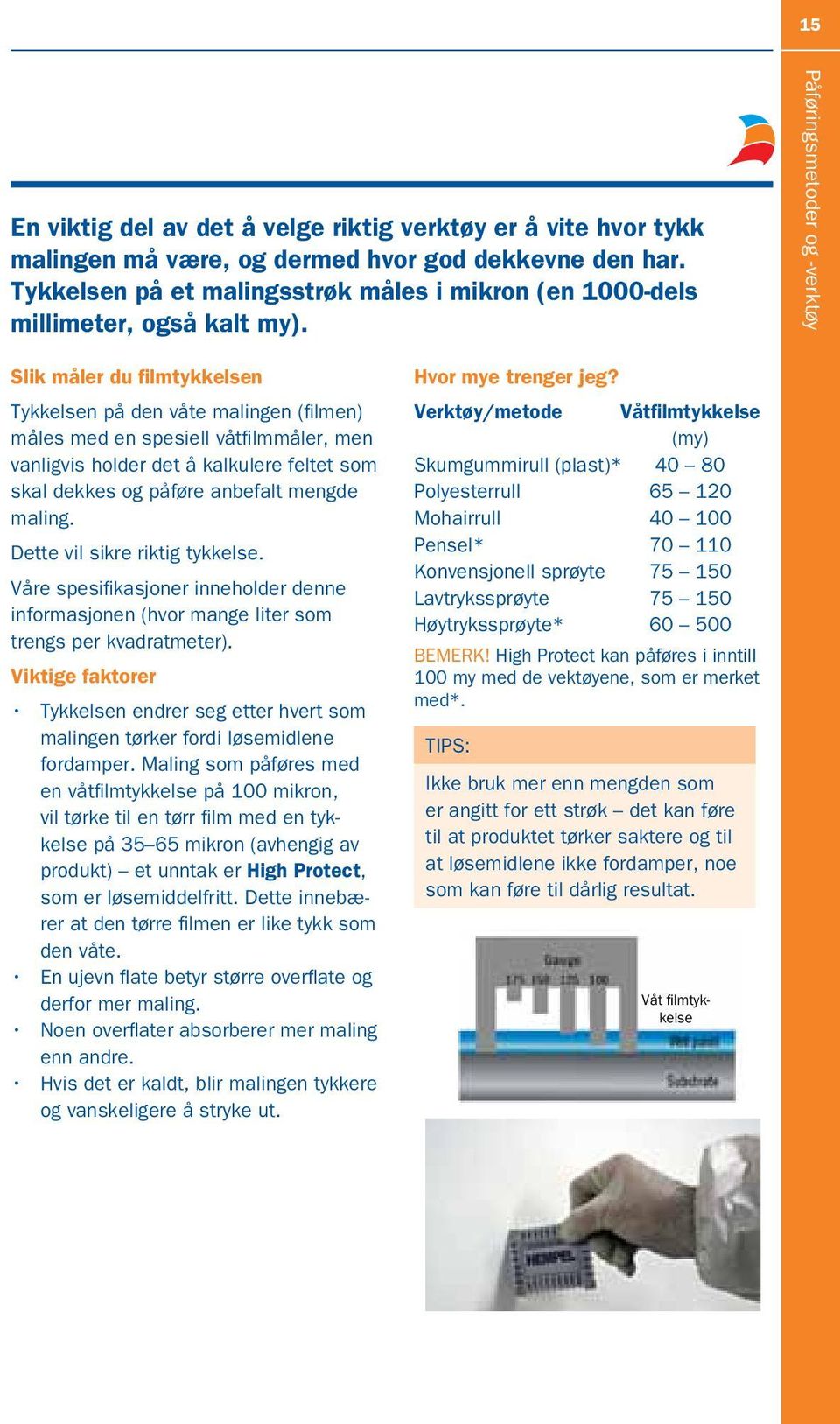 Påføringsmetoder og -verktøy Slik måler du filmtykkelsen Tykkelsen på den våte malingen (filmen) måles med en spesiell våtfilmmåler, men vanligvis holder det å kalkulere feltet som skal dekkes og