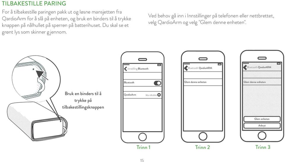 Ved behov gå inn i Innstillinger på telefonen eller nettbrettet, velg QardioArm og velg "Glem denne enheten".