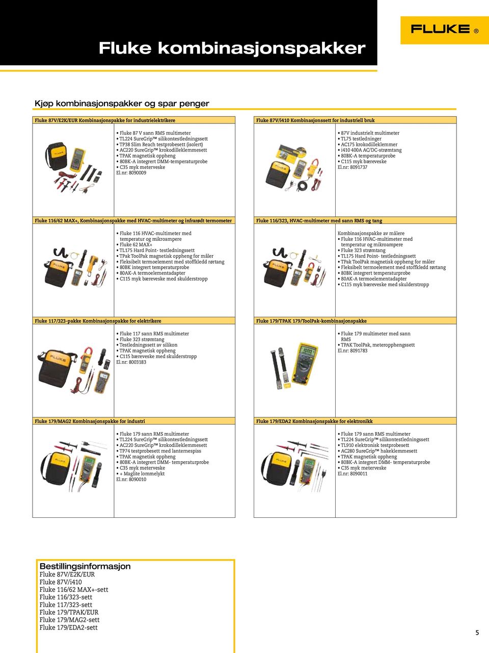 nr: 8090009 Fluke 87V/i410 Kombinasjonssett for industriell bruk 87V industrielt multimeter TL75 testledninger AC175 krokodilleklemmer i410 400A AC/DC-strømtang 80BK-A temperaturprobe C115 myk