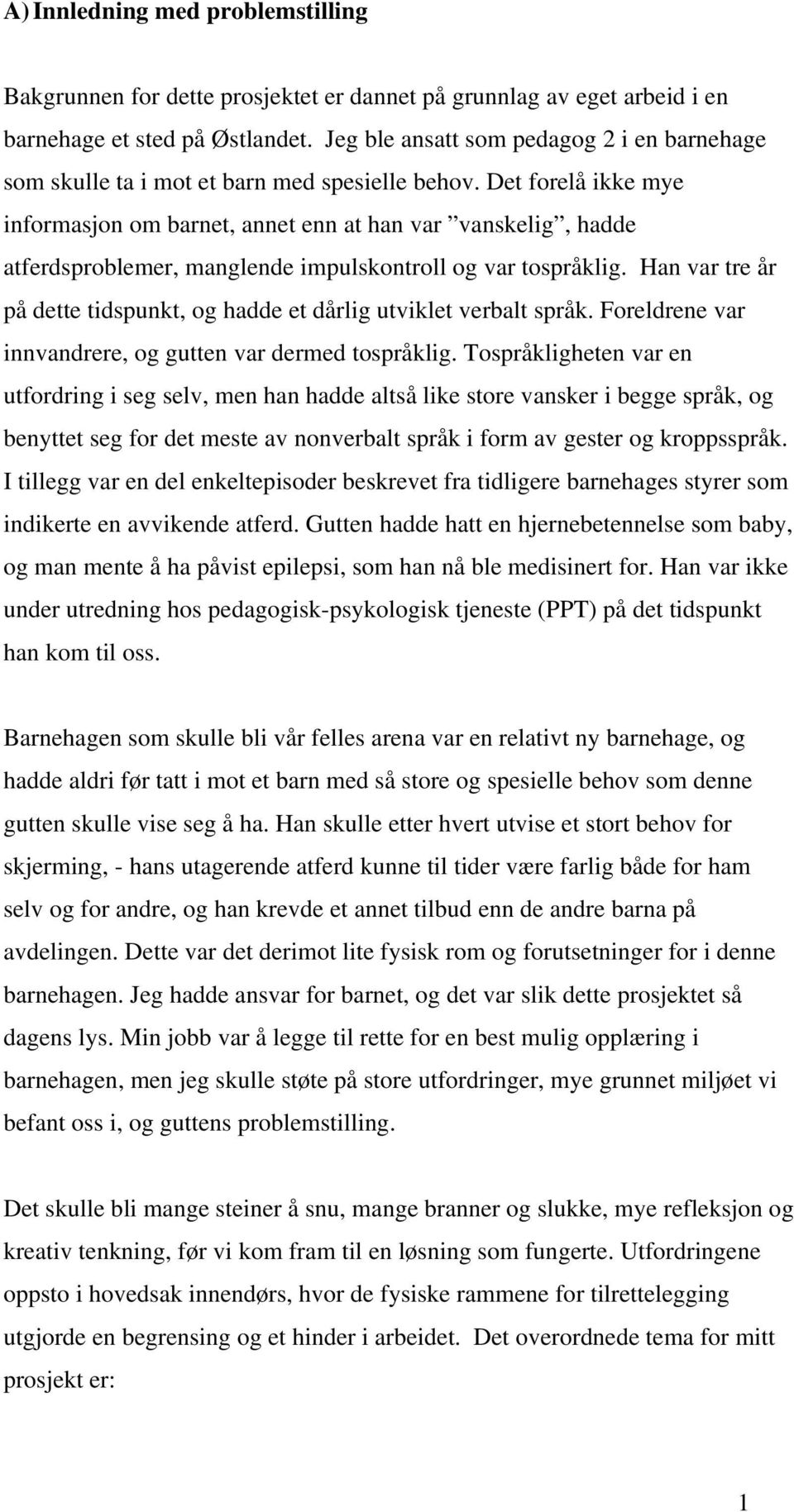 Det forelå ikke mye informasjon om barnet, annet enn at han var vanskelig, hadde atferdsproblemer, manglende impulskontroll og var tospråklig.