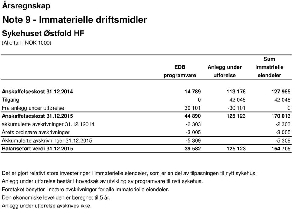 12.2015-5 309-5 309 Balanseført verdi 31.12.2015 39 582 125 123 164 705 Det er gjort relativt store investeringer i immaterielle eiendeler, som er en del av tilpasningen til nytt sykehus.