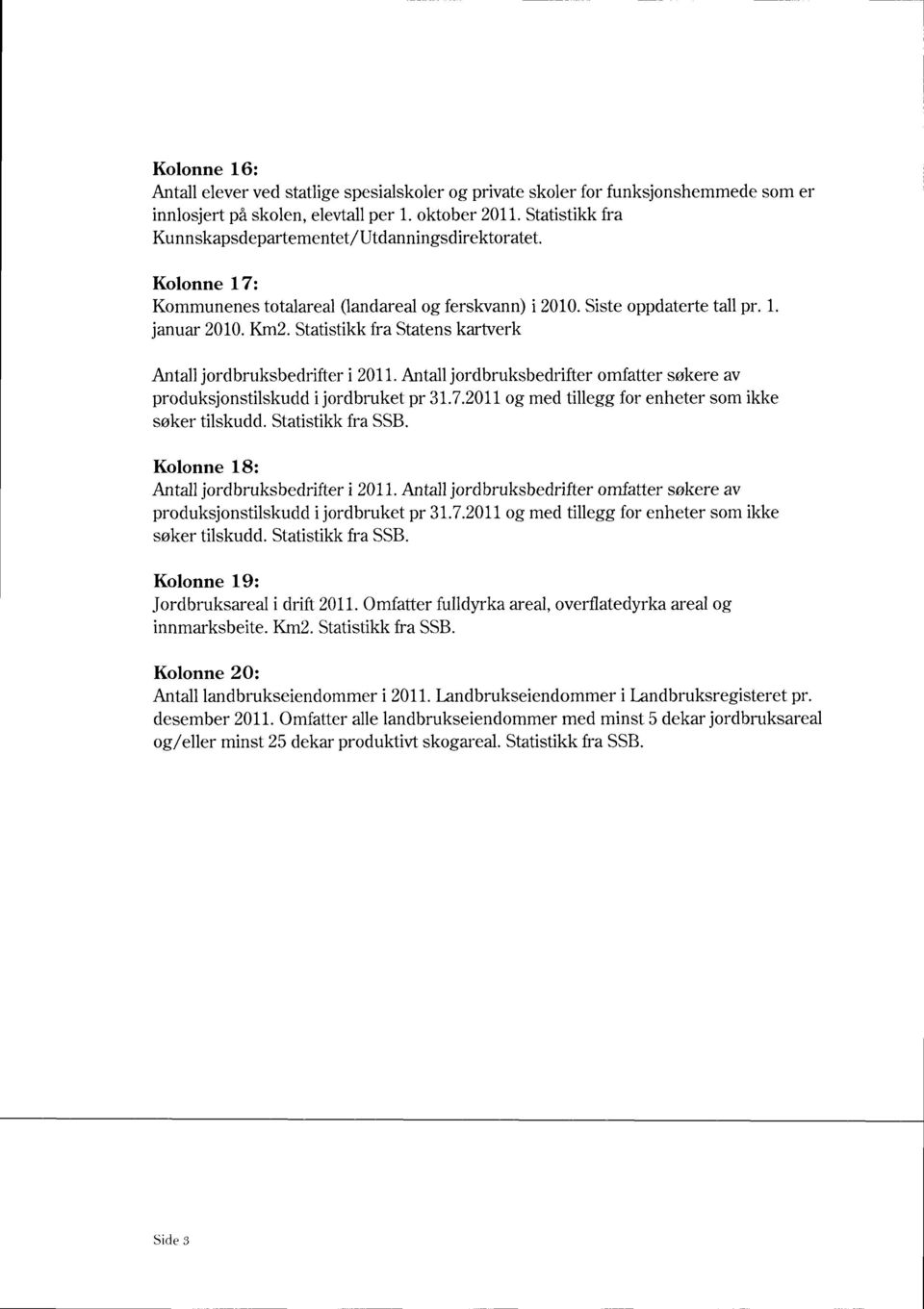 Antalljordbruksbedrifteromfattersøkere av produksjonstilskuddi jordbruket pr 31.7.2011og med tilleggfor enheter som ikke søker tilskudd.statistikkfra SSB. Kolonne 18: Antalljordbruksbedrifteri 2011.