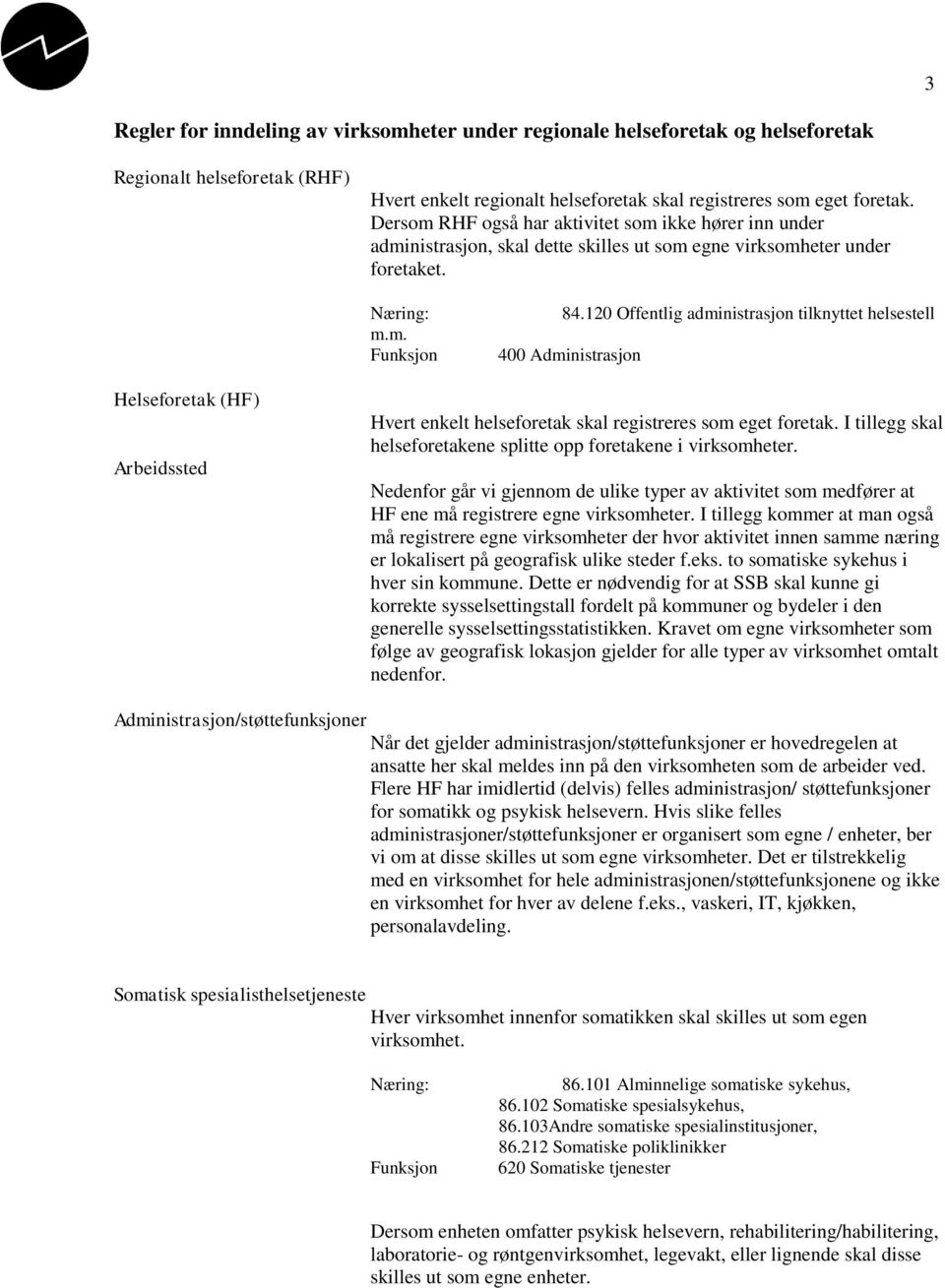 120 Offentlig administrasjon tilknyttet helsestell 400 Administrasjon Helseforetak (HF) Arbeidssted Hvert enkelt helseforetak skal registreres som eget foretak.