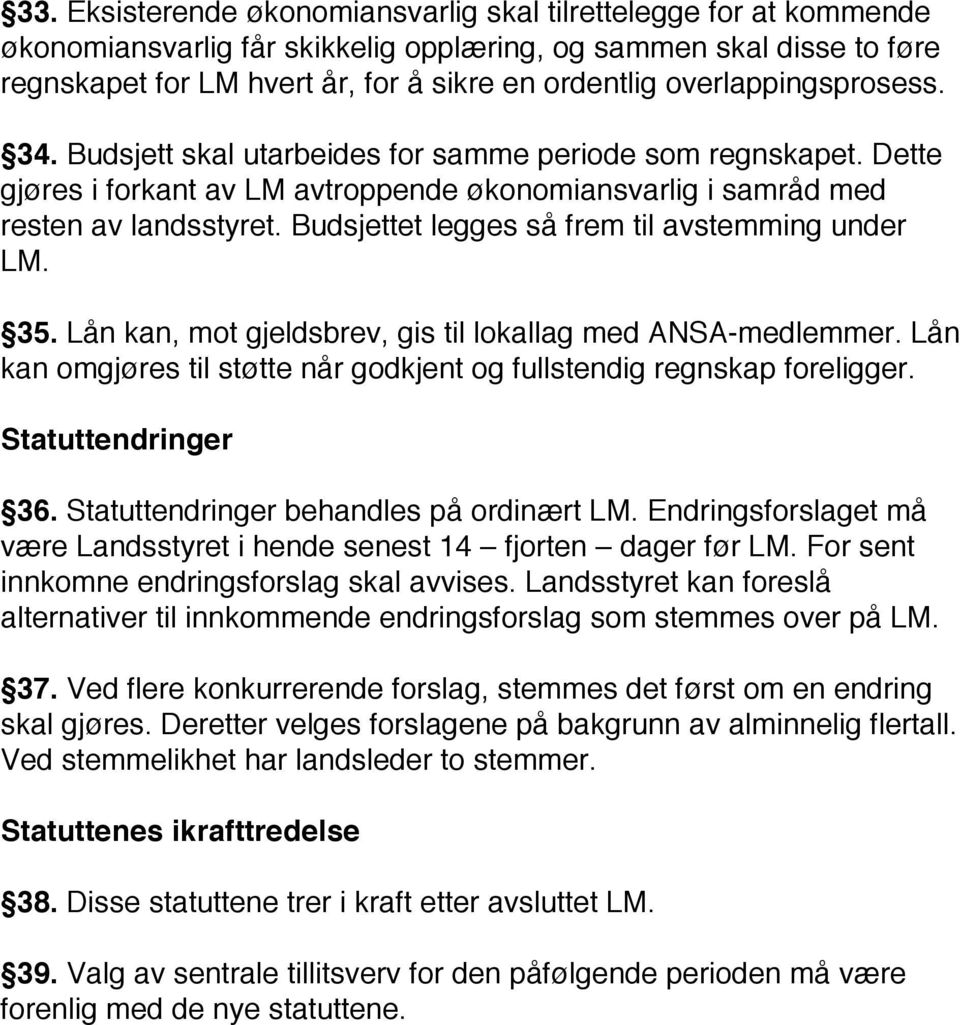 Budsjettet legges så frem til avstemming under LM. 35. Lån kan, mot gjeldsbrev, gis til lokallag med ANSA-medlemmer. Lån kan omgjøres til støtte når godkjent og fullstendig regnskap foreligger.