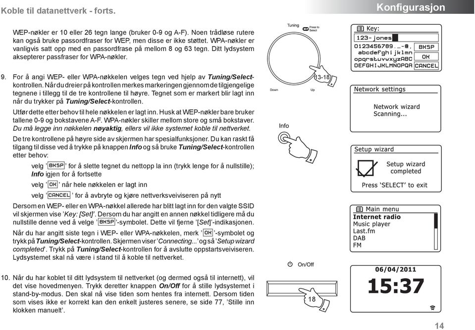 For å angi WEP- eller WPA-nøkkelen velges tegn ved hjelp av Tuning/Selectkontrollen.